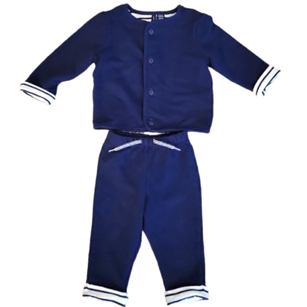 EC JANIE AND JACK BABY 2 PIECE SET NAVY BLUE LS SHIRT & ELASTIC PANTS SZ.6-12 mo